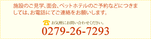 施設のご見学やご面会、ペットホテルのご予約などにつきましては、お電話にてご連絡をお願いします。